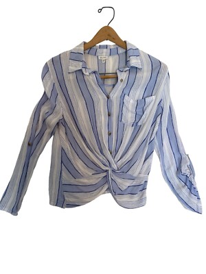 Self E Womens Juniors Collared Tie Front Button-Down Top Blue M