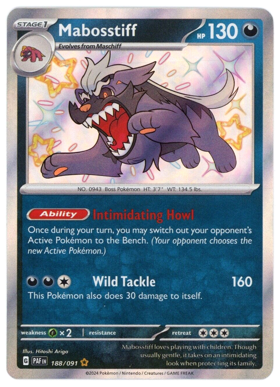 Mabosstiff 188/091 - Paldean Fates - Shiny Rare - Pokemon TCG - NM/M