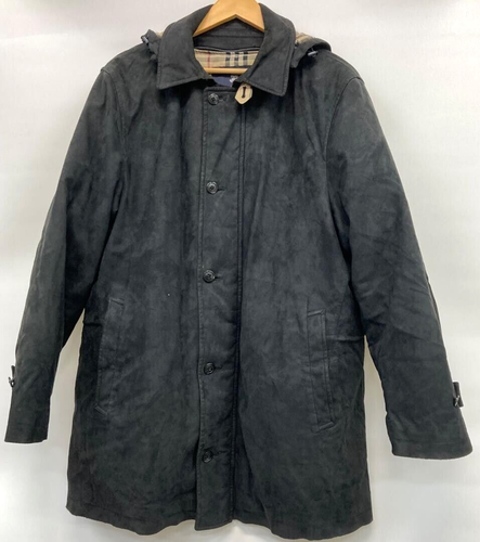 BURBERRY Coat L Black Hooded Button-Up Classic Outerwear
