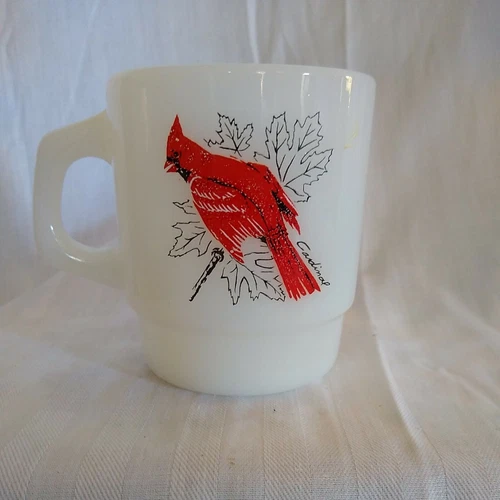 Red Cardinal Oriole Bird Anchor Hocking Fire King Stackable Cup Mug Milk Glass 