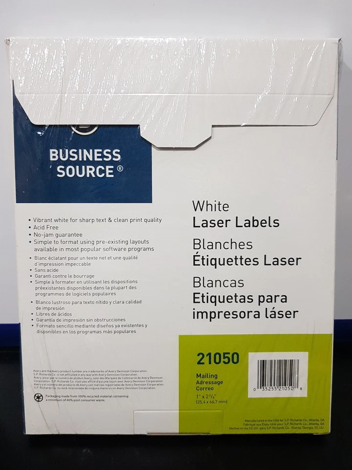 Premium Business Source 21050 White Label - 1" X 2.62", 30/Sheet, 3000/Pack - Image 2 of 2