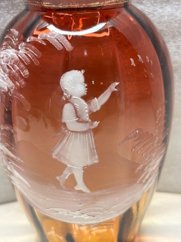 Antique Amberina Paneled Optic Glass Vase Mary Gregory Girl Birds - Picture 3 of 7