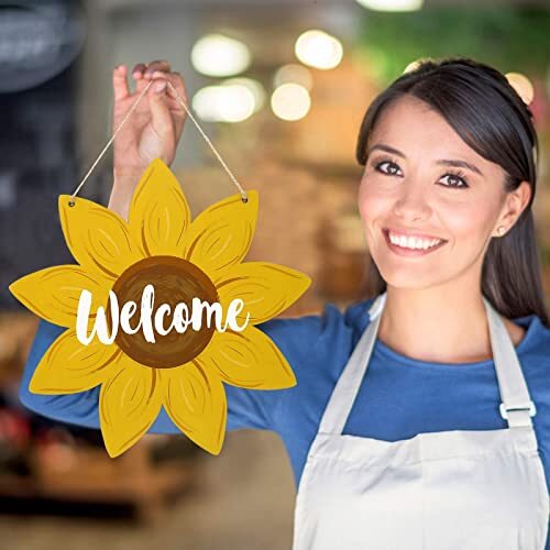 Sunflower Welcome Wood Door Hanger 12 Inch Large Wooden Flower Sign Inspirationa - Picture 5 of 6
