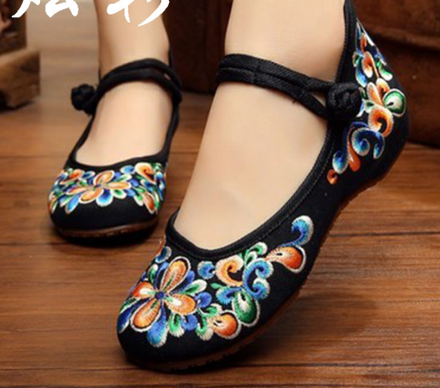 Ethnic Womens Embroidered Flowers Loafers Mary Janes Ballet Shoes Canvas Flats