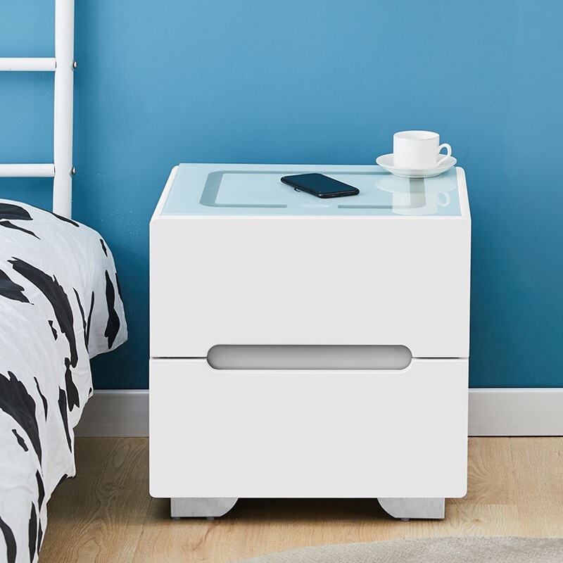 White Bedside Tables 2 Drawers Wireless Charging LED Lights