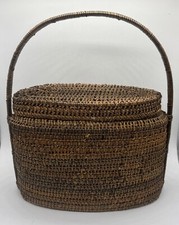 Vintage Basket With Lid  Handle Woven Rattan Straw Boho Rustic