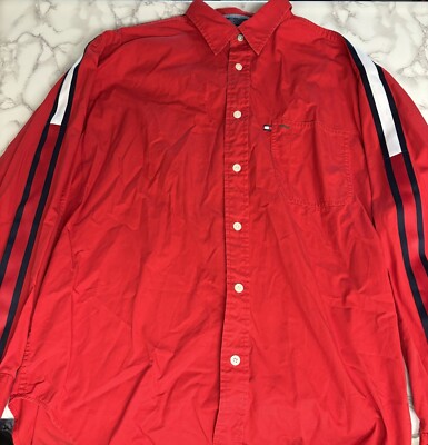 Vintage Tommy Hilfiger Men s Large Button Up Down Red Shirt Jeans 90s Y2K Flag