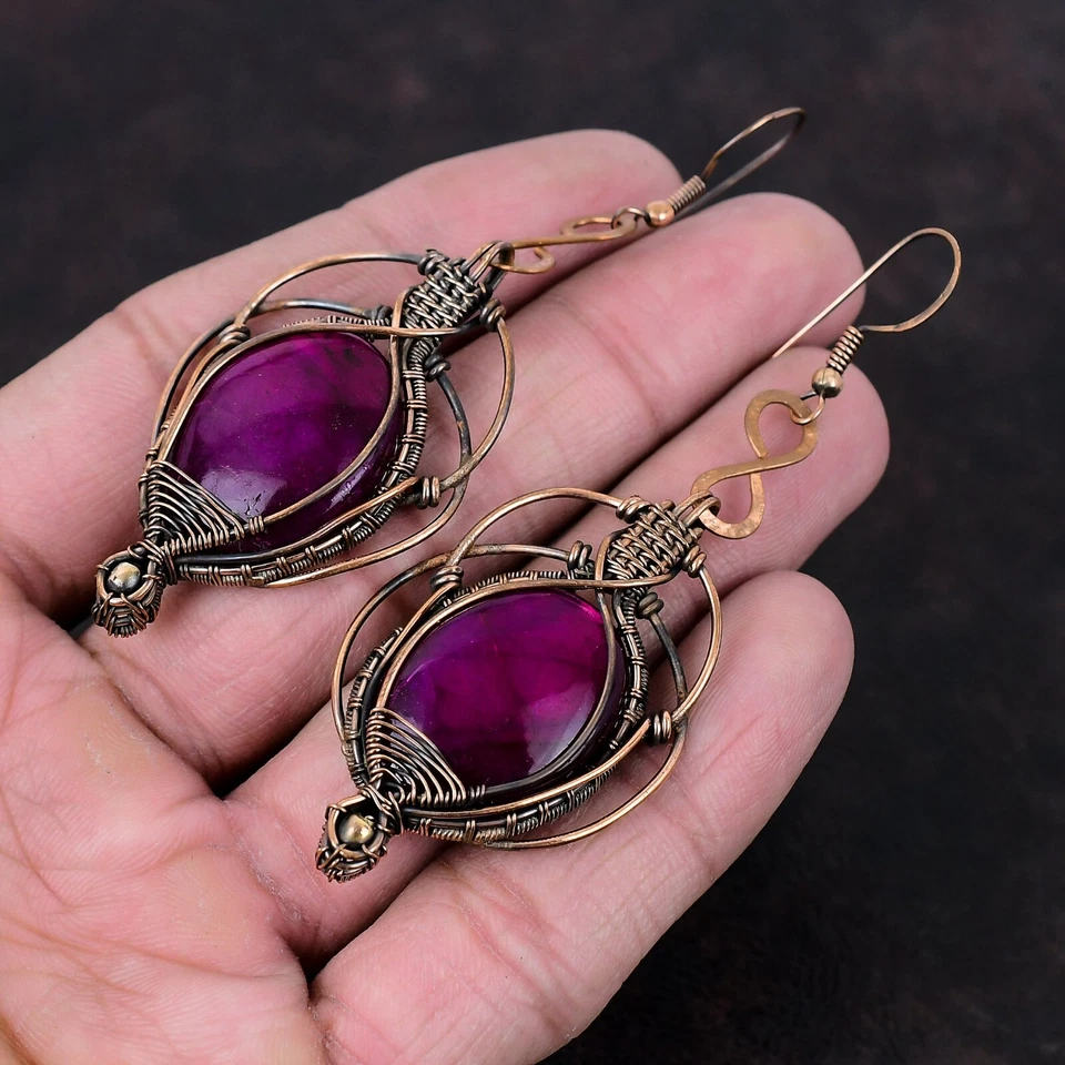 Regalo Para Ella Pendientes Envueltos En Alambre Labradorita Fuego Púrpura Cobre 3.35" Foto 4 de 4