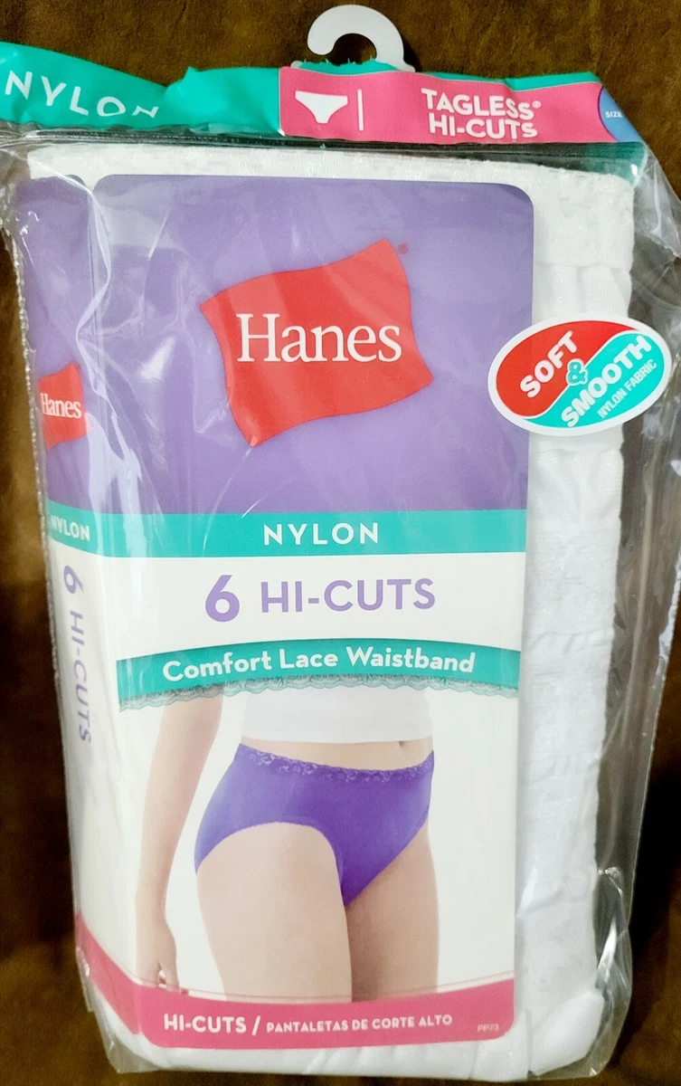 Women's Hanes Hi-Cut Panties White Size 10 Nylon w/Cotton Liner 6 Pair NWT