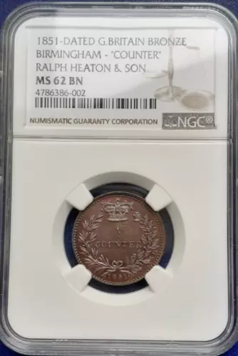 Birmingham Counter (Art Pattern) 1851 Heaton & Son NGC MS-62 BN RARE!