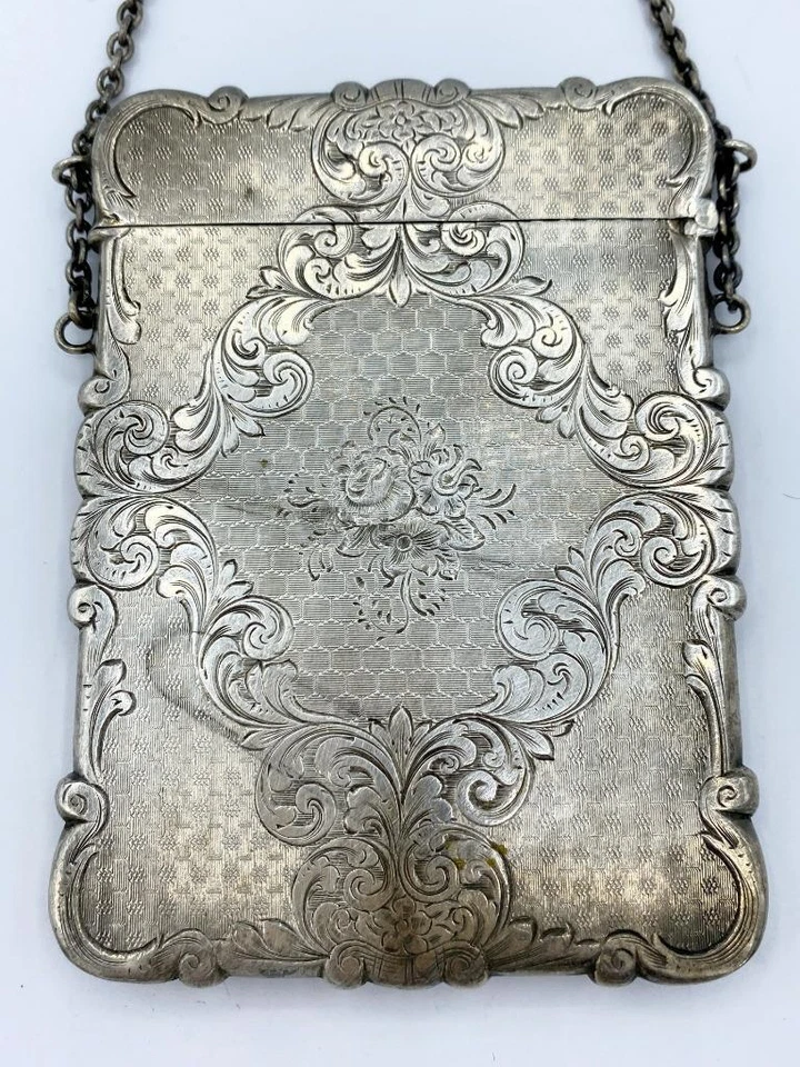 Antiguo estuche de tarjetas de visita de plata de ley de 1850 con sello Birmingham Inglaterra Foto 3 de 4