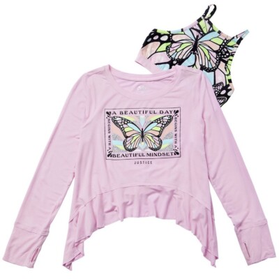 xxl　justice FLEXFLY FOP 5'10 Justice CollectionX sz M 10 Long Sleeve 2-Fer Swing PINK butterfly