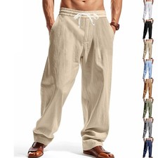 Mens Linen Loose Beach Pants Casual Drawstring Yoga Joggers Baggy Long Trousers