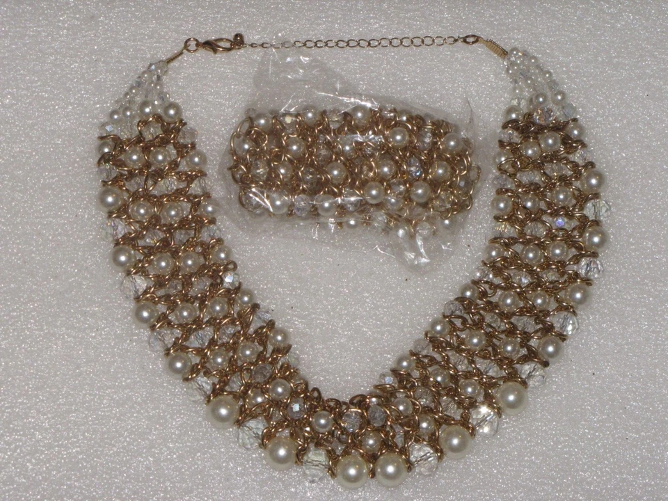 Lote De 2 Collares Chapados en Oro Imitación Perla Conjunto Pulsera Cuentas Ancho Grueso Mujer Foto 3 de 4