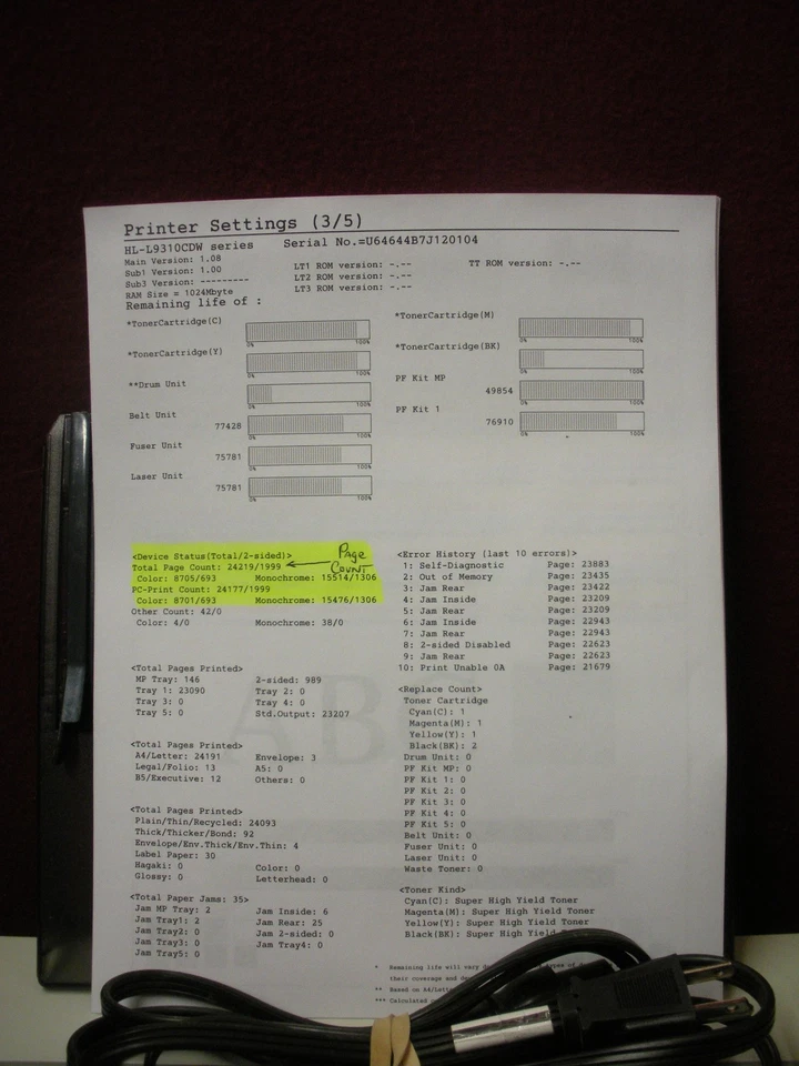 Brother HL-L9310CDW Wireless Duplex Color Printer Page Count 24,219 - Image 4 of 4