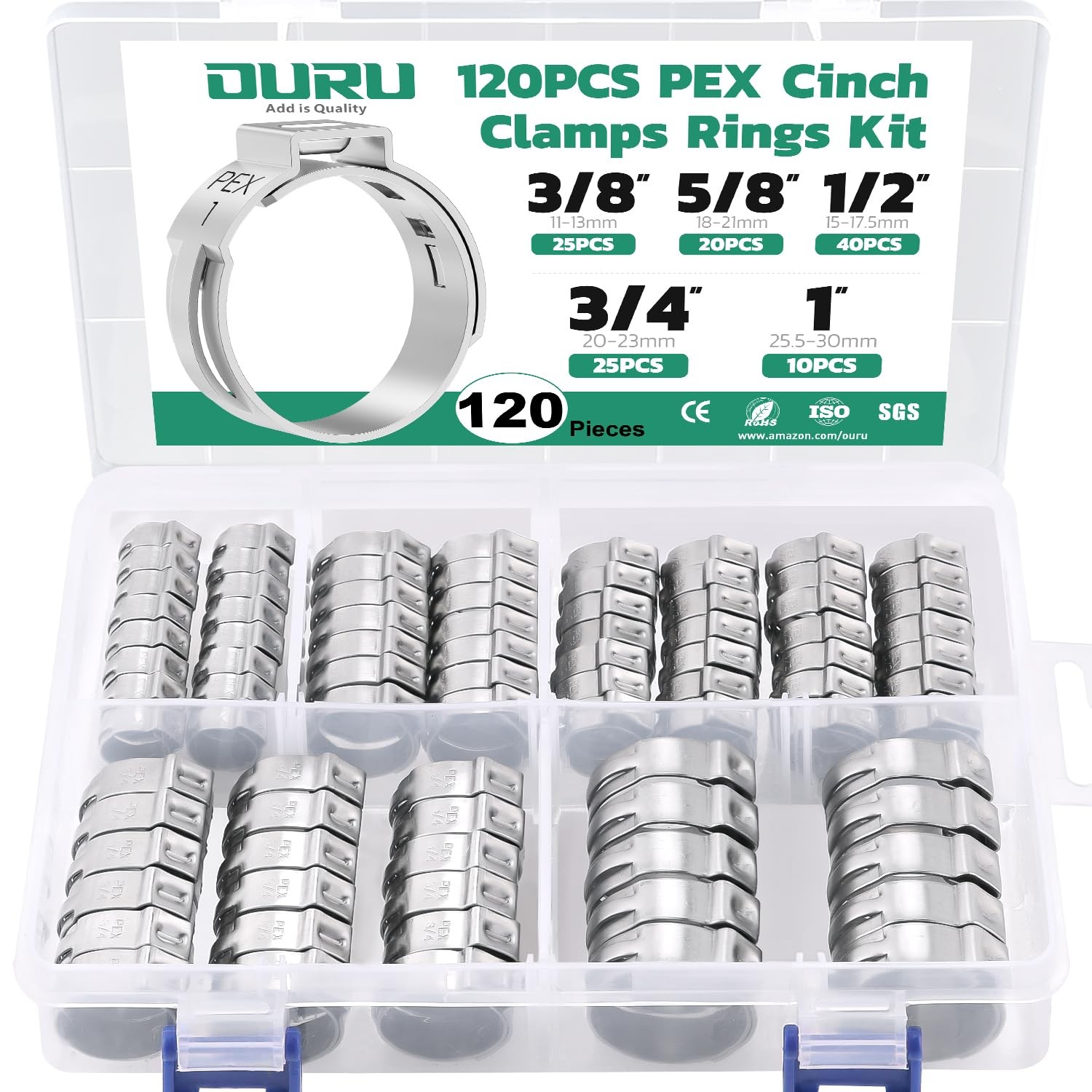OURU 120PCS Pex Crimp Rings Assortment Kit, 3/8",1/2",3/4",5/8",1"