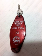 VINTAGE HOTEL ROOM KEY FOB AHWAHNEE MOTEL DENVER, CO.