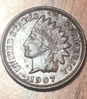 Indian Head Penny,1907, One Cent Coin, Ungraded, Very Good Liberty And More C225