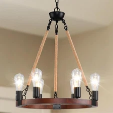 Rustic Solid Wood Wagon Wheel Chandelier - 20" Farmhouse Ceiling Light with 6...