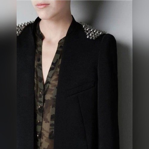 Zara Blazer Women's XS Black Silver Shoulder Studded Boho Rock Statement Jacket