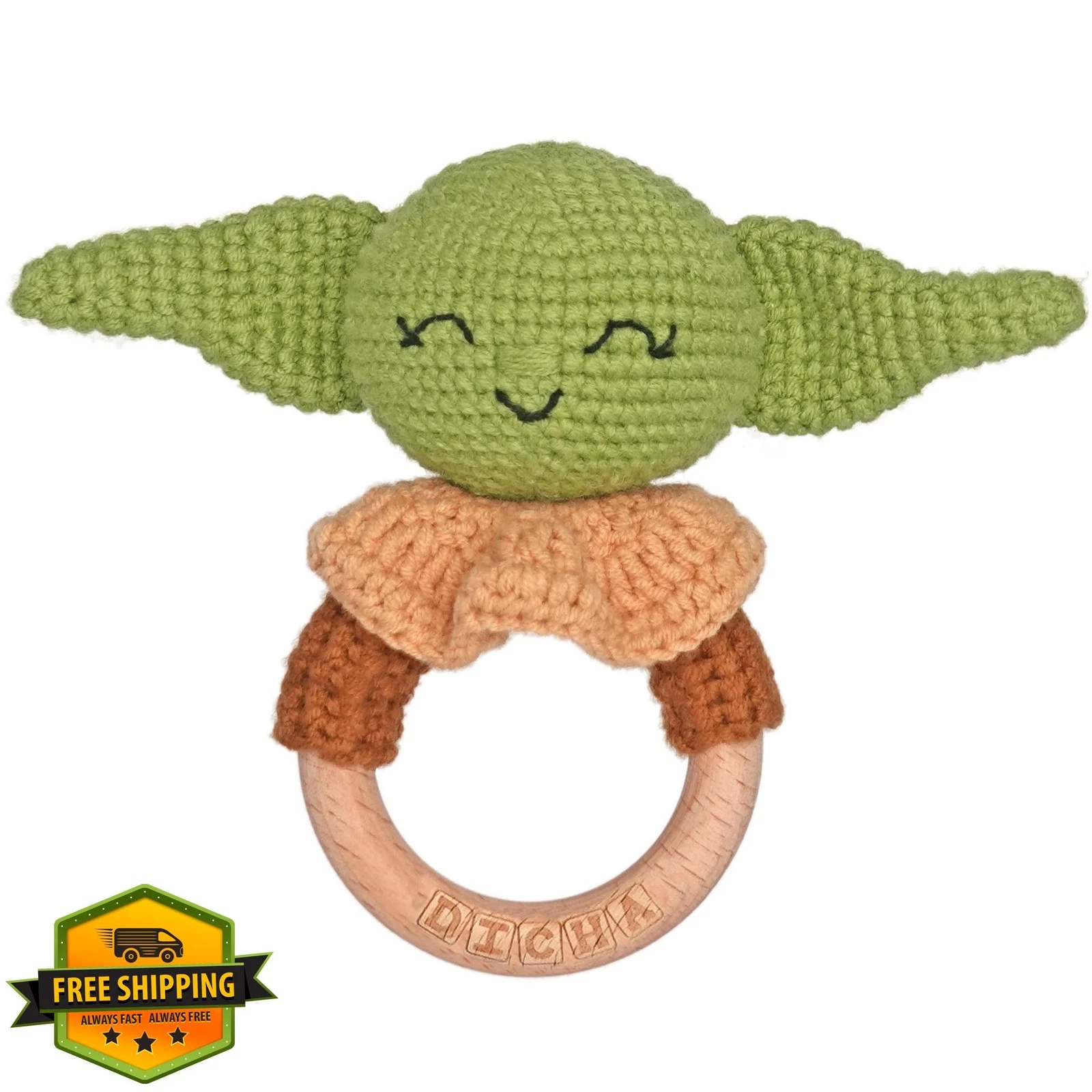 Dicha Wooden Crochet Baby Rattle Teether Green Alien Sensory