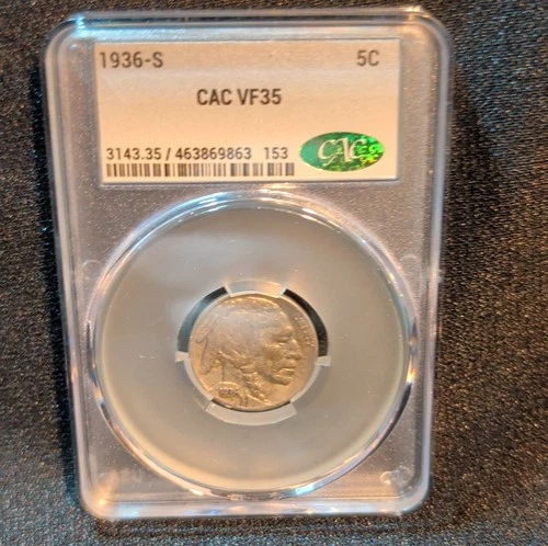 1936-S Buffalo Nickel CAC Certified VF35 US 5C Coin San Francisco Circulated