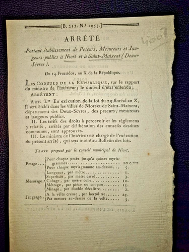 Doc 1802 Deux-Sevres Niort St-Maixent Arrêté Consulat Napoleon Systeme Metrique