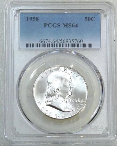 1958 P Franklin Half Dollar PCGS MS64 95% FBL White Frosty Luster PQ #S295Z