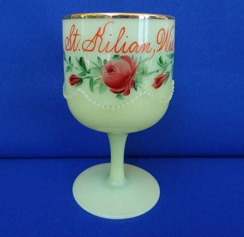 HEISEY EAPG Uranium UG Custard Glass Stemmed Goblet - Souvenir ST KILIAN Wis