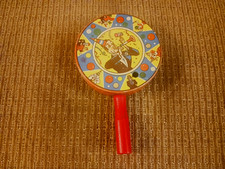 Vintage Metal Party Noise Maker Rattle with Wood Handle 