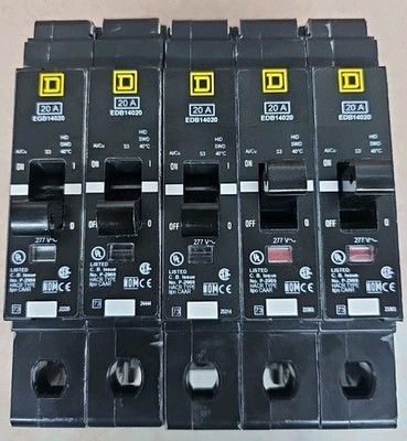 LOT  OF 5 Square D EDB14020 20A 1-Pole Miniature Circuit Breaker Black 277V