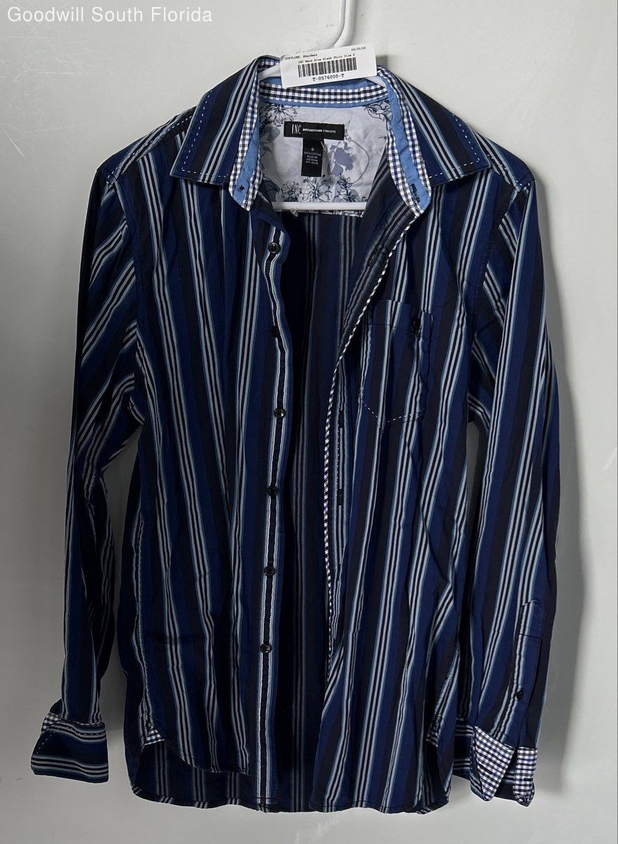 INC International Concepts Mens Blue Black Striped Cotton Button-Up Shirt Size S