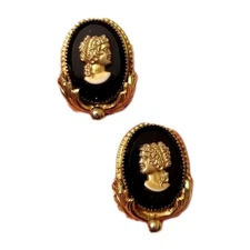 Vintage Whiting & Davis victorian revival Cameo lade face Clip Earrings Signed