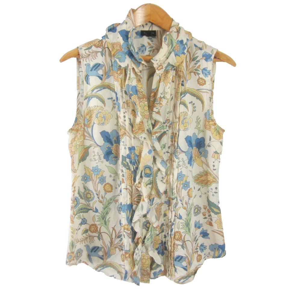 Camisa Talbots Mujer 10 Pájaros Amarillo Azul Floral 100% Seda Volantes Plisada SS Foto 4 de 4