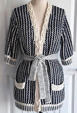 18P CHANEL NAVY BLUE ECRU BELTED CARDIGAN SWEATER 40