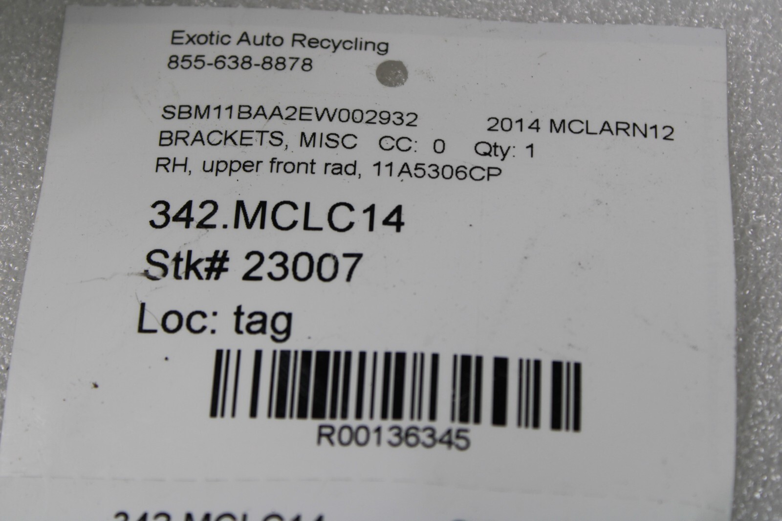 Mclaren MP4-12C, RH, Right, Outer Fender Support Bracket, Used, P/N 11A5306CP