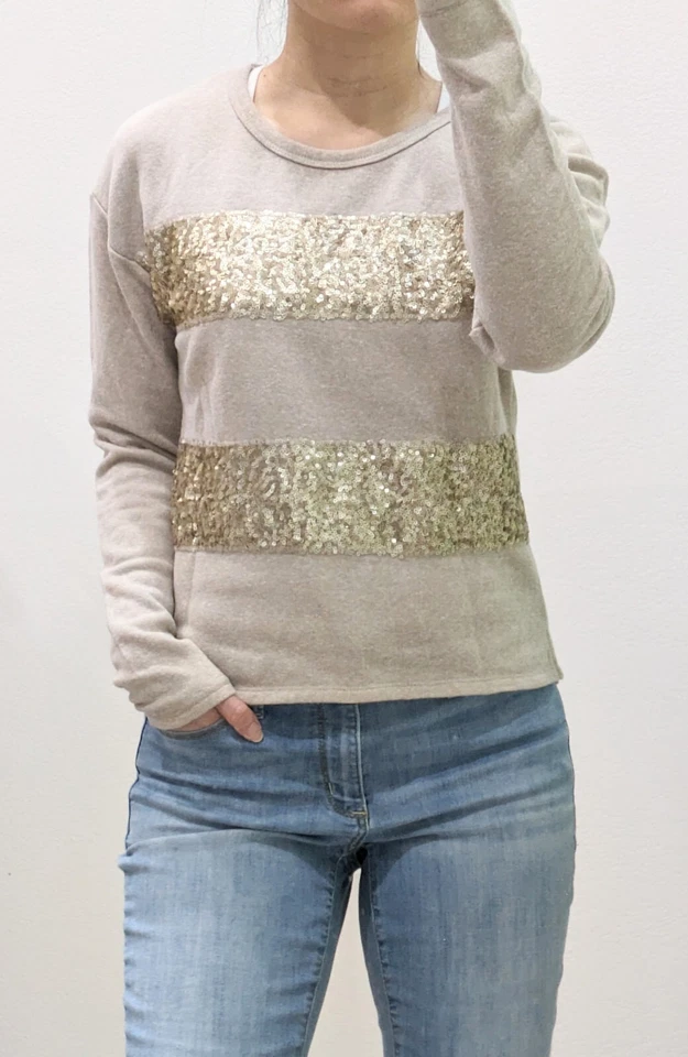 Sudadera Xhilaration Avena Beige Cuello Redondo Terry con Rayas de Lentejuelas Doradas XS Foto 3 de 4