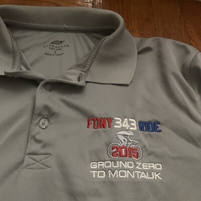 9/11 FDNY Polo Shirt Adult Large Gray 343 Firefighter WTC Ground Zero Montauk