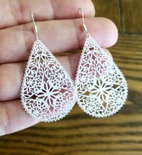 Sterling Silver White Earrings Teardrop Dangle Lightweight Pear Filigree 2" Long