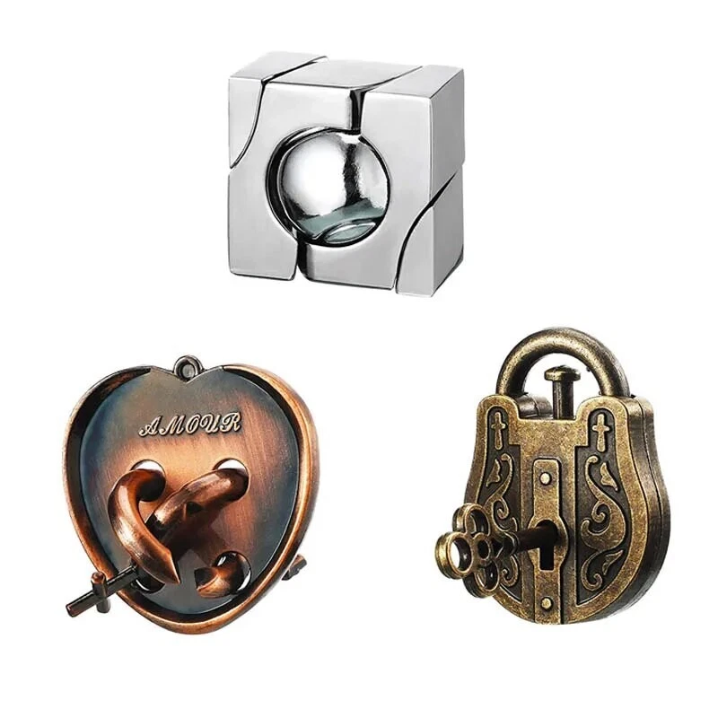 3Pcs Set Metal Puzzle Solution Unlock Toy Brain Teaser IQ Challenge Games For Ki - Image 3 of 4