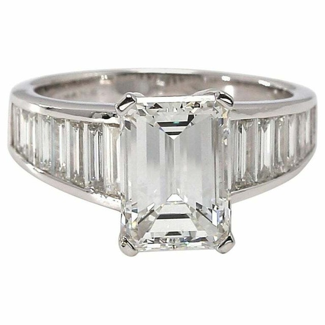 4ct Emerald Cut Diamond Solitaire Step Baguette Accent Ring 14k