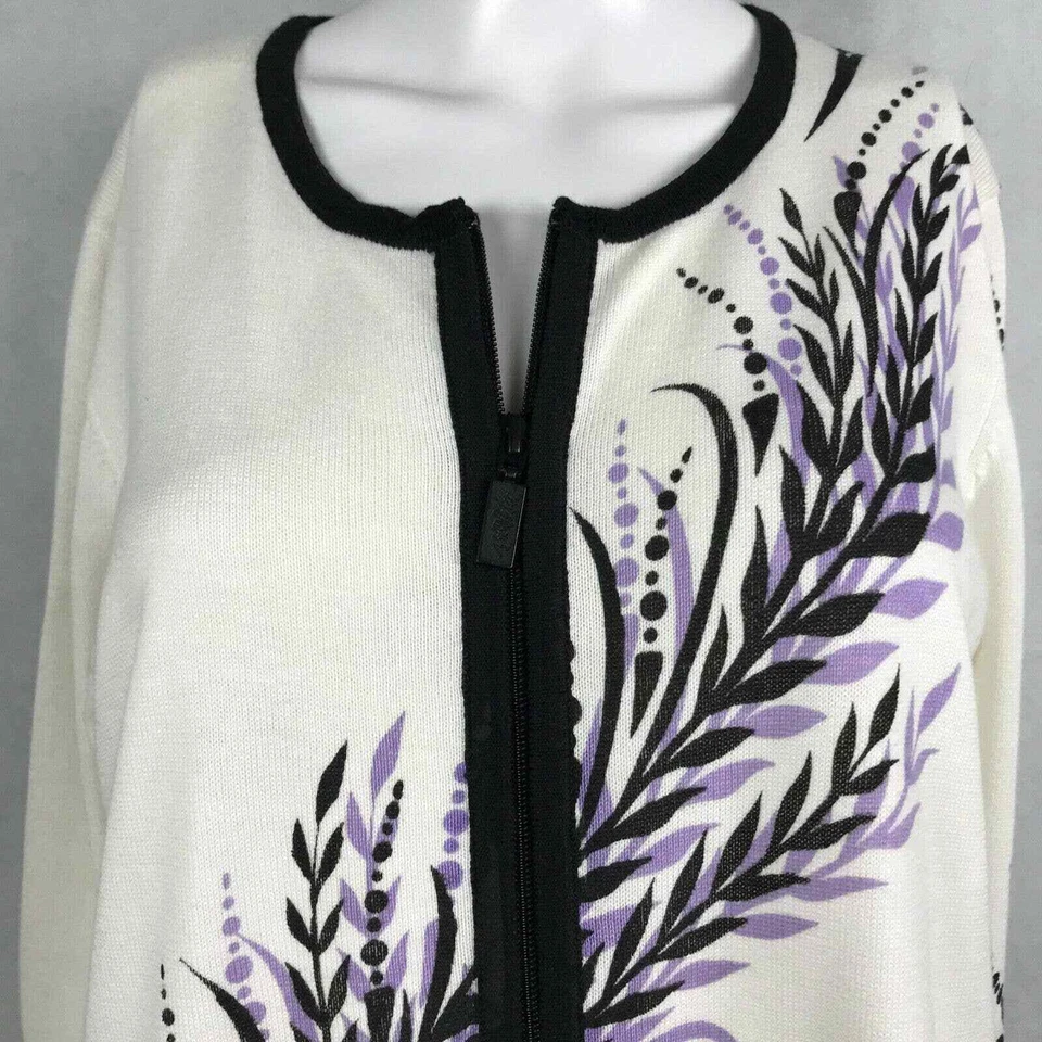 Bob Mackie Cardigan Women Sz S Cotton Blend White Purple Floral Full Zip Sweater - Image 2 of 4