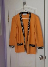 St. John Marie gray Yellow Knit Cardigan Zebra Stripes Size Small Made In Usa