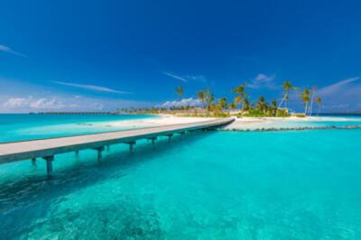 Wandbild: Ocean Lagoon Bay Blick, Blue Sky Clouds Holzsteg Pier über [...]