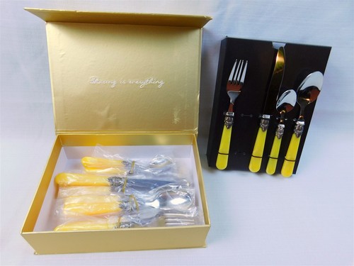 Servicio de cubiertos de acero inoxidable Cathylin REVERIE 18/10 para 4 mangos amarillos en caja NUEVO - Imagen 9 de 11