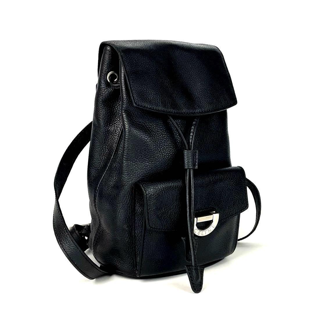 CELINE Vintage Backpack Drawstring Logo Grained Leather CELINE Vintage Backpack Drawstring Logo Grained Leather