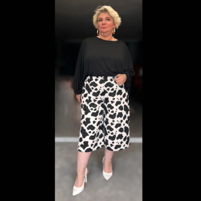 DAMEN ÜBERGRÖSSE SCHWARZ WEISS KUHDRUCK CREPE HÖSCHEN/SHORTS