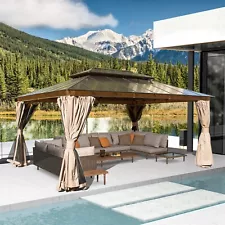 Domi 16x12ft Hardtop Gazebo,Polycarbonate Roof Canop (imitation Wood Effect)