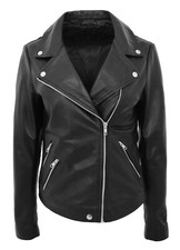 Womens Leather Cross Zip Biker Jacket Slim Fit Casual Style Maya Black