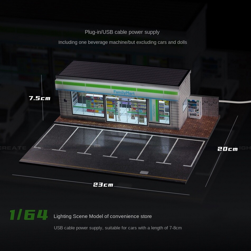 1/64 Diorama Car Garage Model LED Street Convenience Building Shop